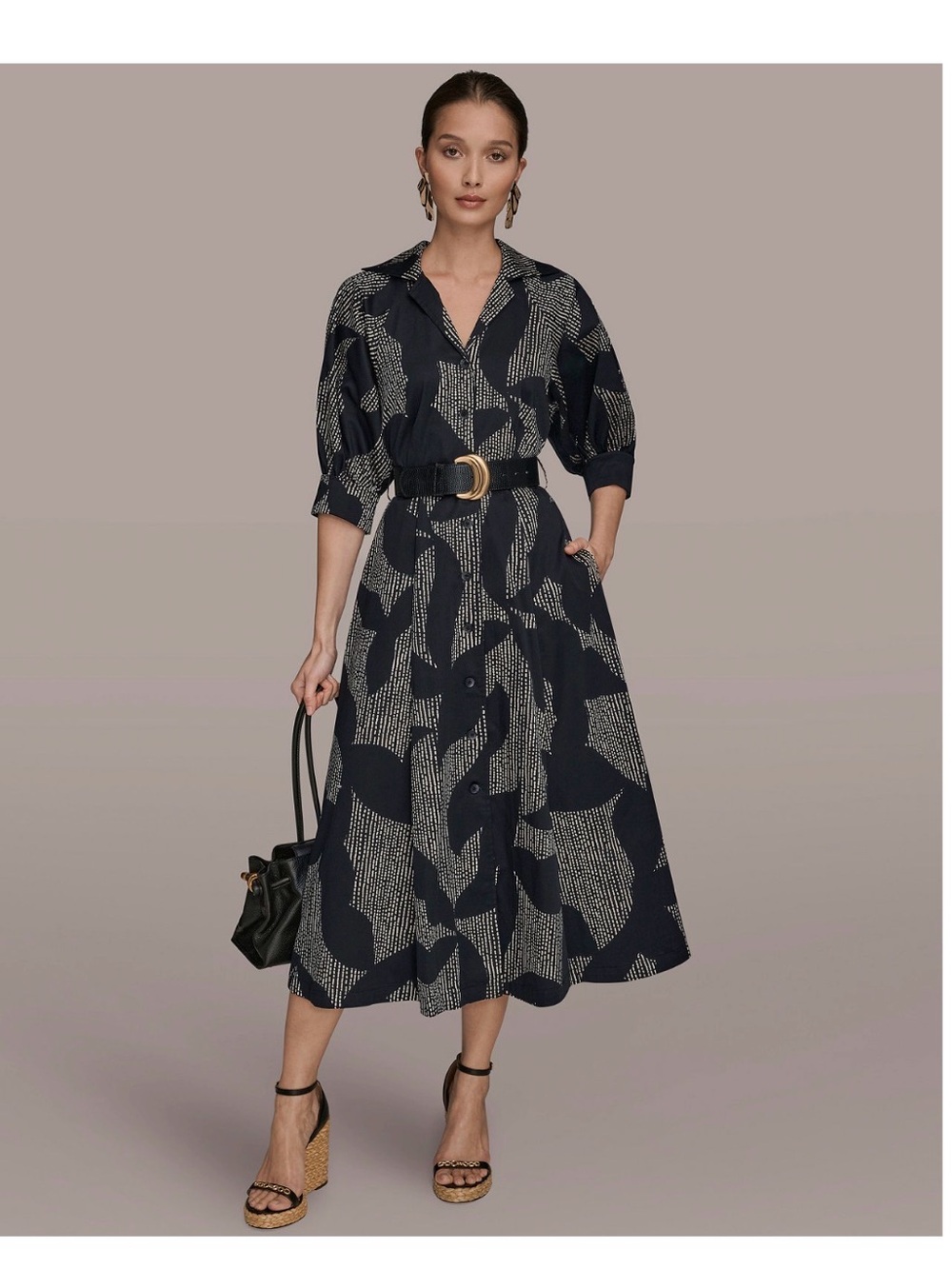 Donna Karan Abstract-Print Midi Shirt Dress in Black and Cream 10 Cotton Belted